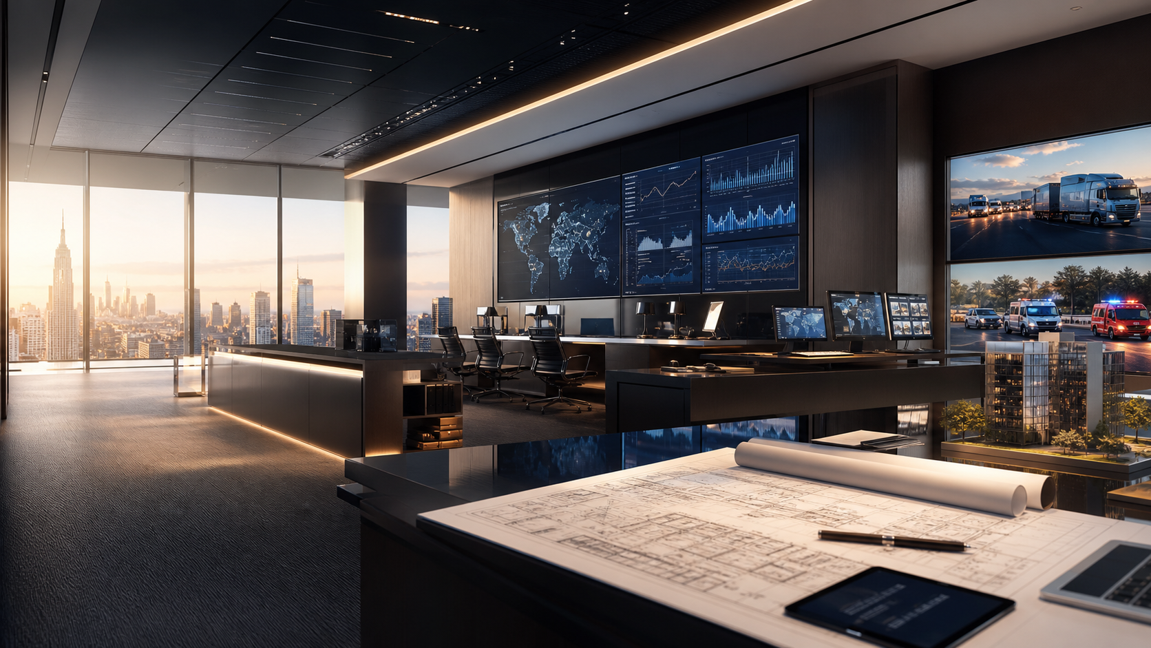 An illustrated vision of connected financial, logistics, response, and property operations